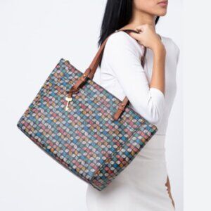 Fossil "Rachel" Large Tote Bag, PVC Outer Multicolor Pattern Key Charm Pockets‎